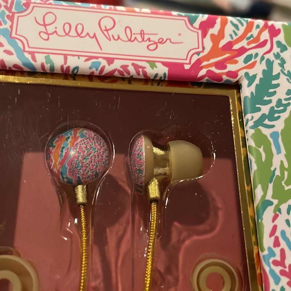 LILLY PULITZER Earbuds Lets Cha Cha Turquoise Pink Coral Gold Cord Headphones - Picture 3 of 5